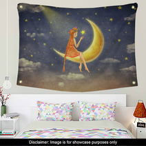 Illustration Of A Cute Girl Sitting On The Moon In Night Sky Illustration Art Wall Art 109725715