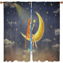 Illustration Of A Cute Girl Sitting On The Moon In Night Sky Illustration Art Window Curtains 109725715