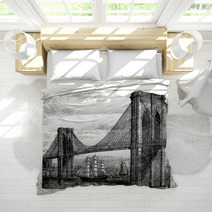 Illustration Of Brooklyn Bridge And East River New York United Bedding 35054626