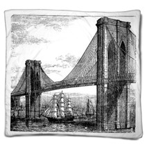 Illustration Of Brooklyn Bridge And East River New York United Blankets 35054626