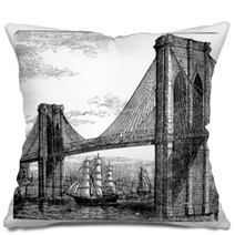 Illustration Of Brooklyn Bridge And East River New York United Pillows 35054626