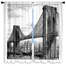 Illustration Of Brooklyn Bridge And East River New York United Window Curtains 35054626