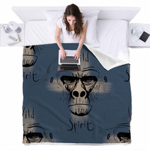 Illustration Of Monkey Head Seamless Pattern Blankets 164254560