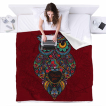 Illustration Of Ornamental Owl Bird Illustrated In Tribal Boho Owl With Love Heart For Valentine Day Blankets 103706116