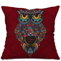 Illustration Of Ornamental Owl Bird Illustrated In Tribal Boho Owl With Love Heart For Valentine Day Pillows 103706116