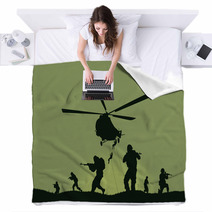 Illustration The Soldiers Going To Attack And Helicopters Blankets 116641692