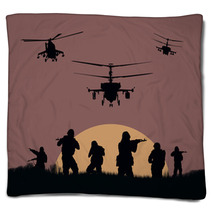 Illustration The Soldiers Going To Attack And Helicopters Blankets 116814852