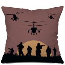 Illustration The Soldiers Going To Attack And Helicopters Pillows 116814852