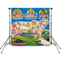 Indian God Brahma Vishnu Mahesh With Holy Cow Backdrops 3109031
