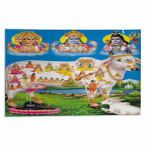 Indian God Brahma Vishnu Mahesh With Holy Cow Rugs 3109031
