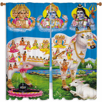 Indian God Brahma Vishnu Mahesh With Holy Cow Window Curtains 3109031