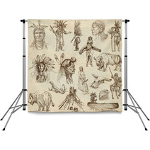 INDIANS And Wild West. Collection Of Hand Drawn Illustrations Backdrops 60296784