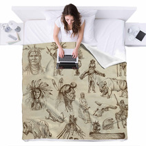 INDIANS And Wild West. Collection Of Hand Drawn Illustrations Blankets 60296784