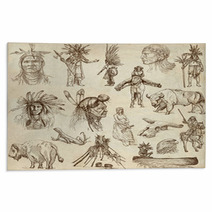 INDIANS And Wild West. Collection Of Hand Drawn Illustrations Rugs 60296784