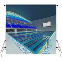 Indoor Olympic Swimming Pool Arena With Blue Seats Backdrops 163978114