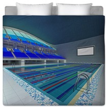 Indoor Olympic Swimming Pool Arena With Blue Seats Bedding 163978114