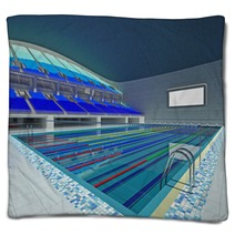 Indoor Olympic Swimming Pool Arena With Blue Seats Blankets 163978114
