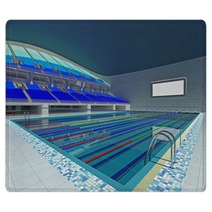 Indoor Olympic Swimming Pool Arena With Blue Seats Rugs 163978114