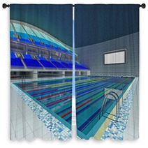 Indoor Olympic Swimming Pool Arena With Blue Seats Window Curtains 163978114