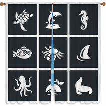 Inhabitants Of The Sea And Ocean Icons Set. Vector Illustration. Window Curtains 91405844