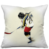 Ink Drawing  Illustration Of An Ice Hickey Player.. Pillows 9179188