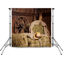 Interior Of A Rural Farm - Hay, Wheel, Cowboy Hat. Backdrops 59950042