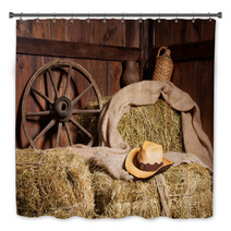 Interior Of A Rural Farm - Hay, Wheel, Cowboy Hat. Bath Decor 59950042