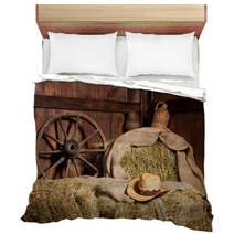 Interior Of A Rural Farm - Hay, Wheel, Cowboy Hat. Bedding 59950042