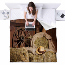 Interior Of A Rural Farm - Hay, Wheel, Cowboy Hat. Blankets 59950042