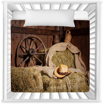Interior Of A Rural Farm - Hay, Wheel, Cowboy Hat. Nursery Decor 59950042