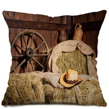 Interior Of A Rural Farm - Hay, Wheel, Cowboy Hat. Pillows 59950042