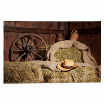 Interior Of A Rural Farm - Hay, Wheel, Cowboy Hat. Rugs 59950042