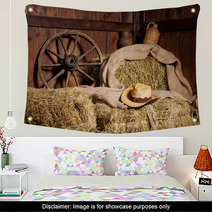 Interior Of A Rural Farm - Hay, Wheel, Cowboy Hat. Wall Art 59950042