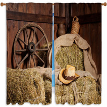 Interior Of A Rural Farm - Hay, Wheel, Cowboy Hat. Window Curtains 59950042