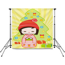 Japanese Kokeshi Christmas Doll  Christmas Tree And Gifts Backdrops 16597449