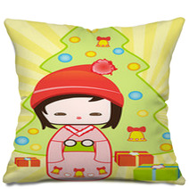 Japanese Kokeshi Christmas Doll  Christmas Tree And Gifts Pillows 16597449