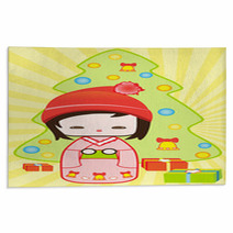 Japanese Kokeshi Christmas Doll  Christmas Tree And Gifts Rugs 16597449