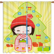 Japanese Kokeshi Christmas Doll  Christmas Tree And Gifts Window Curtains 16597449