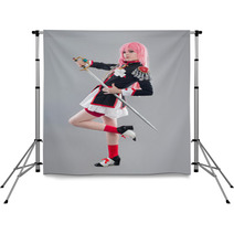 Japanese School Uniform / Girl Dressed In Japanese School Uniform With Sword Isolated On The Gray Background Backdrops 90199871