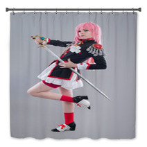 Japanese School Uniform / Girl Dressed In Japanese School Uniform With Sword Isolated On The Gray Background Bath Decor 90199871