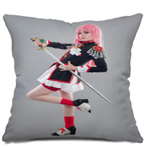 Japanese School Uniform / Girl Dressed In Japanese School Uniform With Sword Isolated On The Gray Background Pillows 90199871