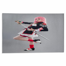 Japanese School Uniform / Girl Dressed In Japanese School Uniform With Sword Isolated On The Gray Background Rugs 90199871