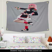 Japanese School Uniform / Girl Dressed In Japanese School Uniform With Sword Isolated On The Gray Background Wall Art 90199871