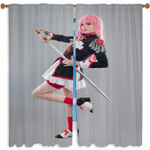 Japanese School Uniform / Girl Dressed In Japanese School Uniform With Sword Isolated On The Gray Background Window Curtains 90199871