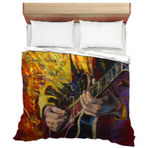 Jazz Guitarists Hands Playing Guitar With Multicolored Fantasy Background Original Artwork In Acrylic On Canvas Bedding 139185779