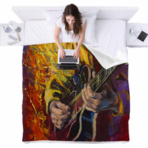 Jazz Guitarists Hands Playing Guitar With Multicolored Fantasy Background Original Artwork In Acrylic On Canvas Blankets 139185779