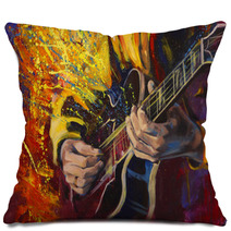 Jazz Guitarists Hands Playing Guitar With Multicolored Fantasy Background Original Artwork In Acrylic On Canvas Pillows 139185779