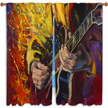 Jazz Guitarists Hands Playing Guitar With Multicolored Fantasy Background Original Artwork In Acrylic On Canvas Window Curtains 139185779