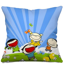 Kids Playing On A Grass In A Sunny Summer Day Pillows 22517798
