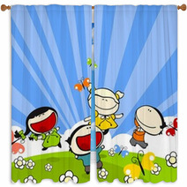 Kids Playing On A Grass In A Sunny Summer Day Window Curtains 22517798